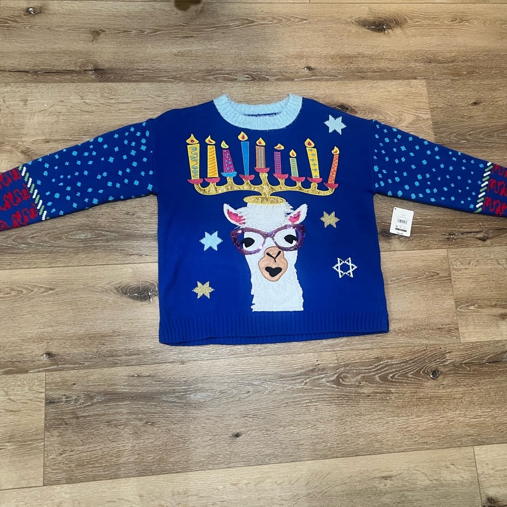 Blue Llama Hanukkah Sweater